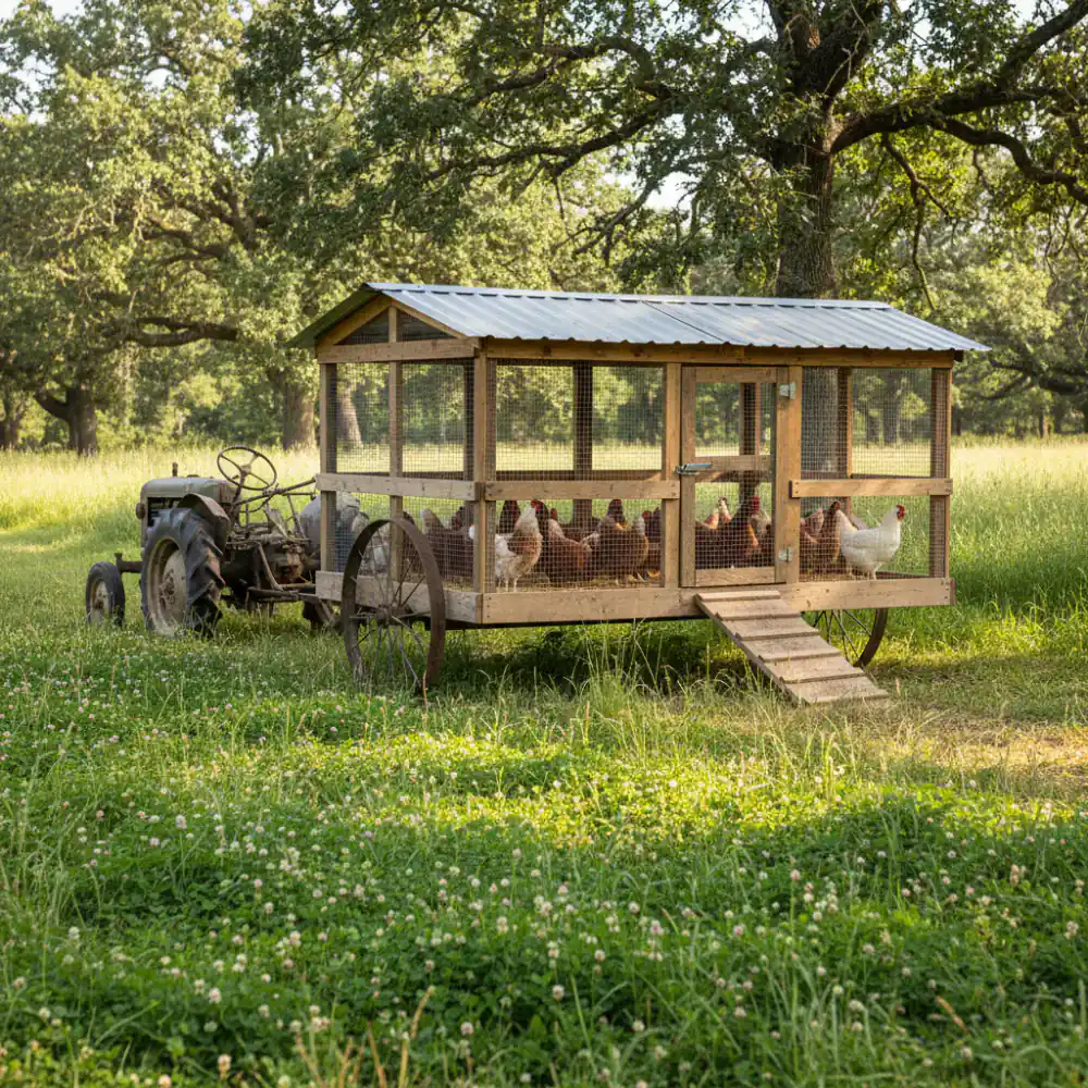 Mobile chicken coop on fresh grass