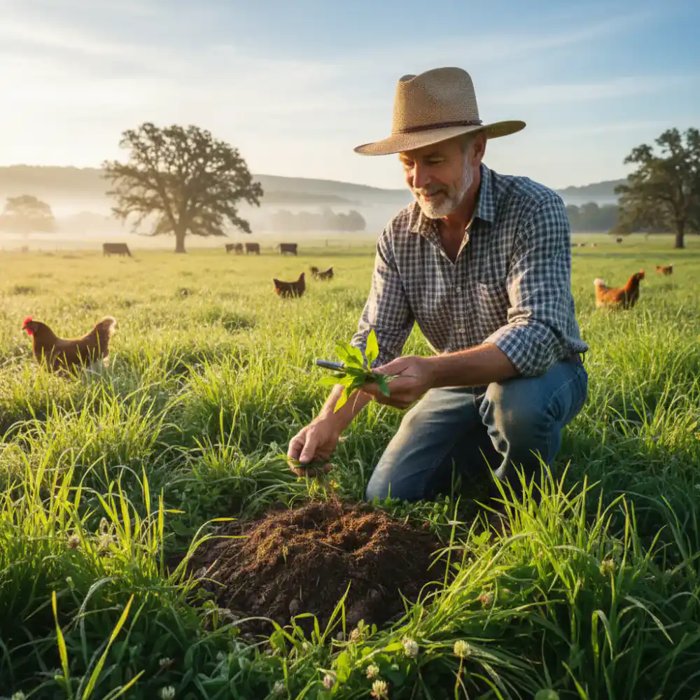 Farmer evaluating pasture quality
