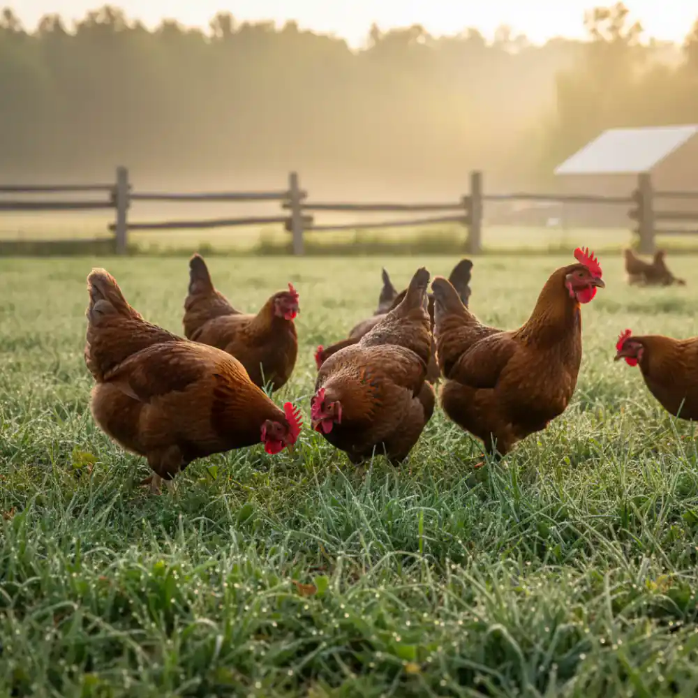 Chickens foraging in morning dew