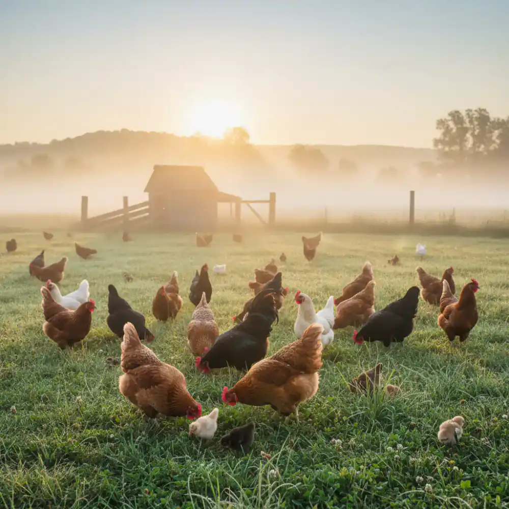 Free-range chickens in soft morning mist