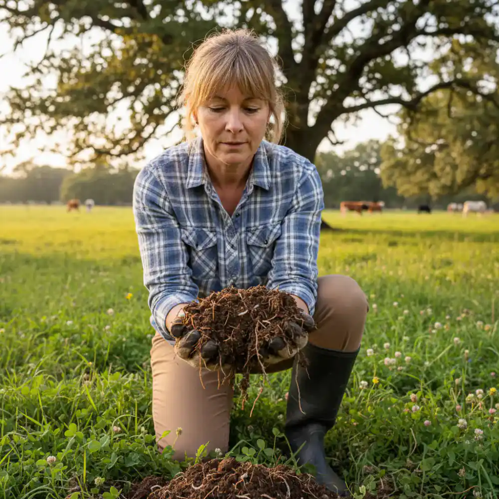 Farmer inspecting pasture soil quality