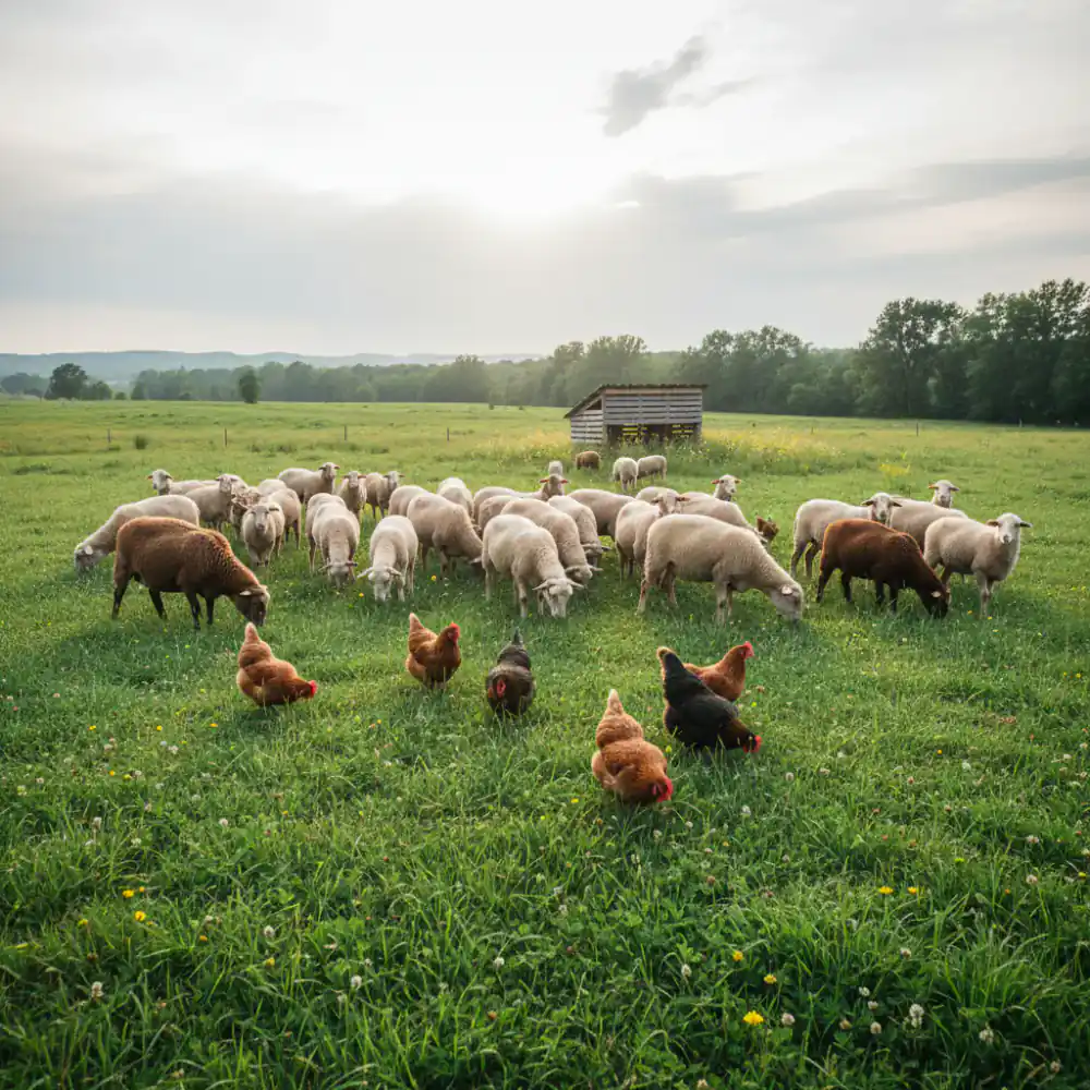 Healthy organic flock on green pasture