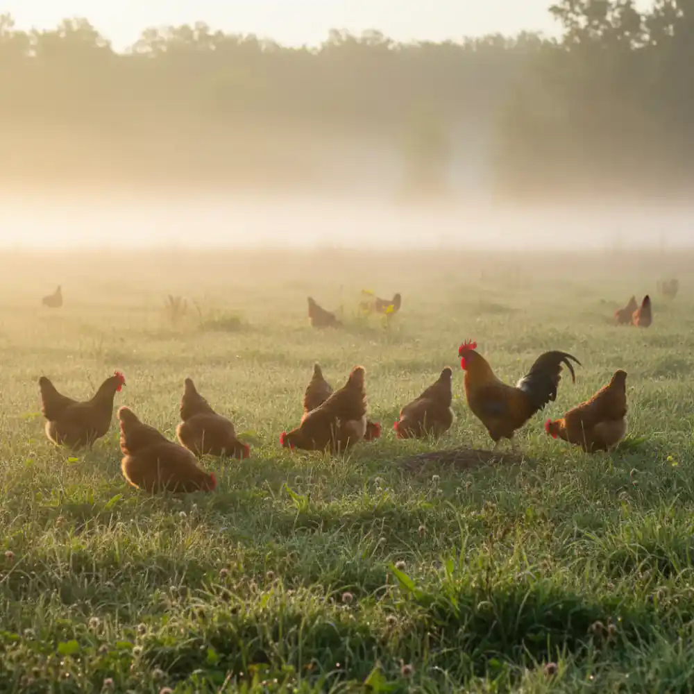 Free range chickens grazing in morning mist