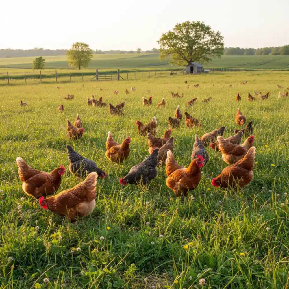 Healthy free-range chickens roaming on organic pasture