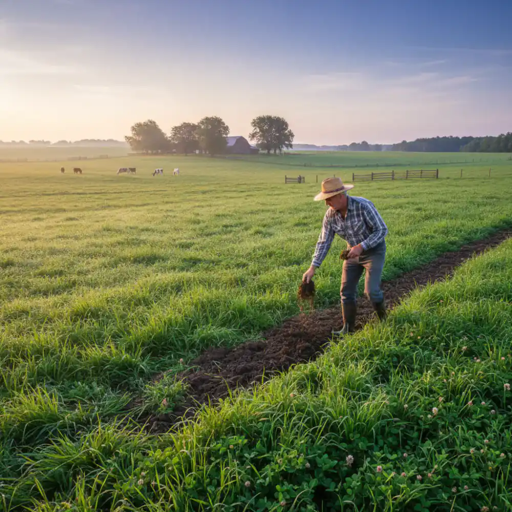 Farmer inspecting organic pasture conditions early in the morning