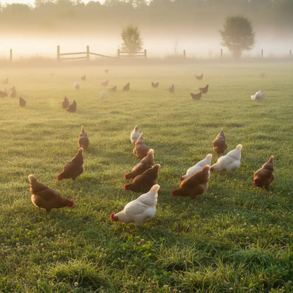Atmospheric view of free-range chickens foraging on green pasture in soft morning mist