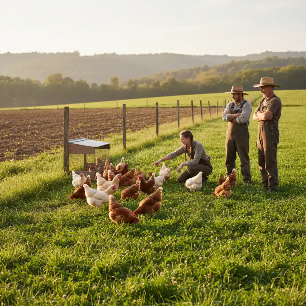 Farmers evaluating free-range chickens settling into a new pasture