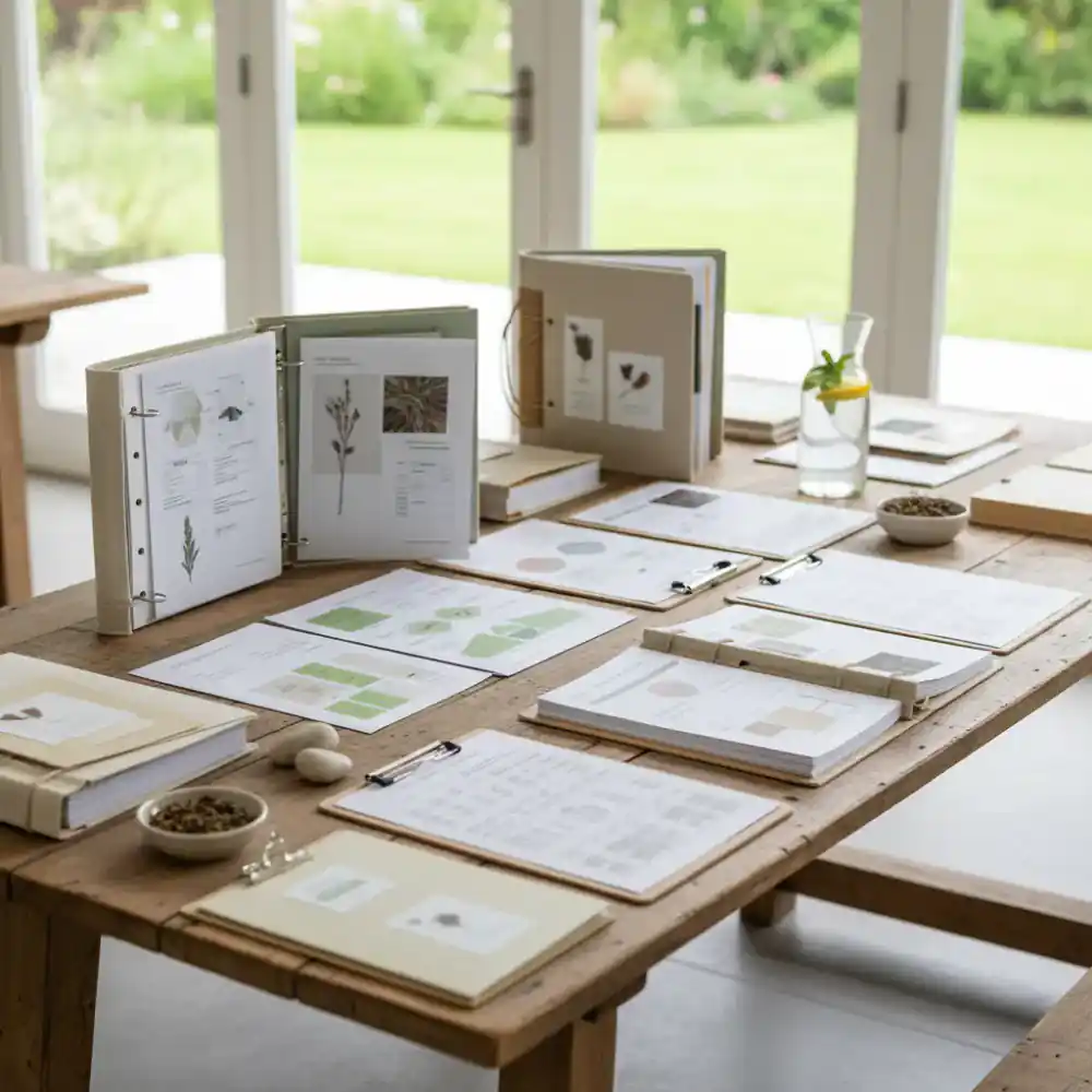Organic certification planning documents and physical binders spread on a wooden table