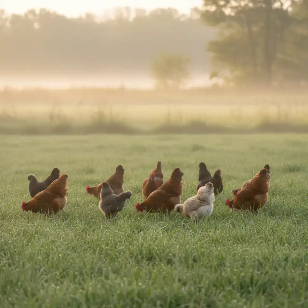 Free range chickens foraging in soft morning mist on green pasture