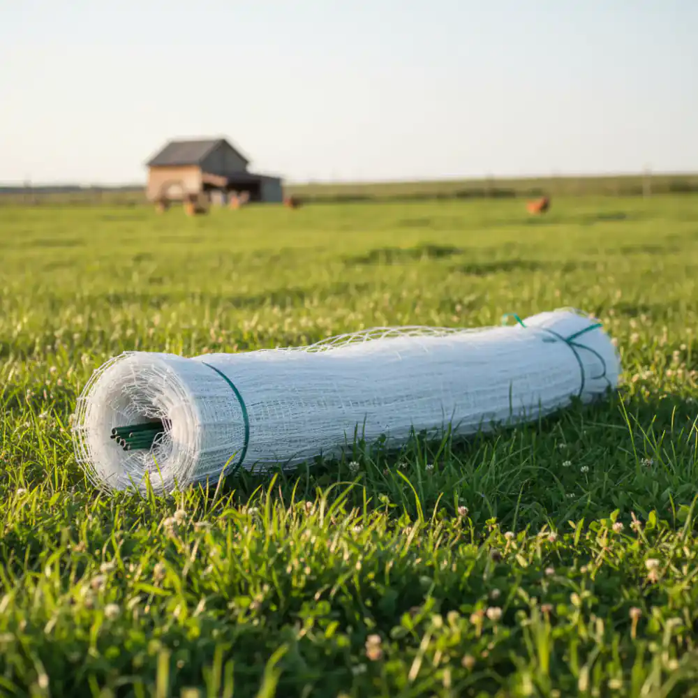 Roll of electric poultry netting on pasture